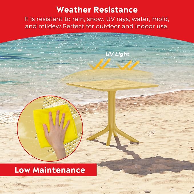 Costaelm Patio Dining Table for 4, Square PP Patio Table, 4-Person Weather Resistant Porch Tables for Outside Poolside Deck Lawn Garden Backyard, Yellow