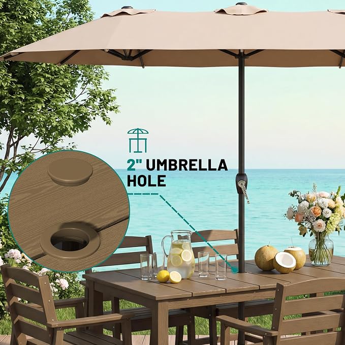 PLUUV 7-Piece Outdoor Patio Dining Set, All-Weather HDPE Dining Furniture Set with Umbrella Hole Cut-Out Table, Aluminum Table Legs, and 6 Chairs, Waterproof & Easy Clean for Backyard, Garden, Brown