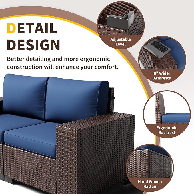 Outdoor Patio Furniture Set, Wide Outdoor Sectional Rattan Sofa Set, Wicker Patio Conversation Set w/Cover for Deck, Poolside, Porch, 8 PC (Brown & Navy)