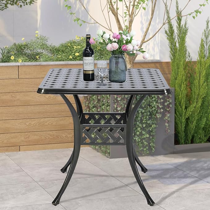 VIVIJASON 30.5" Patio Table Outdoor Dining Square Table Bronze Cast Aluminum Dining Table with Umbrella Hole