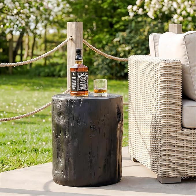 HOMPUS Concrete Outdoor Side Table, Tree Stump Modern Round Accent Table, Planter Stand Faux Wood End Garden Stool for Patio, Home Decor, Living Room, Black