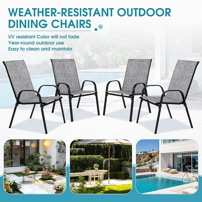 24.4" Wide Outdoor Stackable Chairs Set of 4, Stacking Patio Chairs with Textilene Fabric, Outside Furniture for Garden Backyard Balconie Poolside Deck, Grey