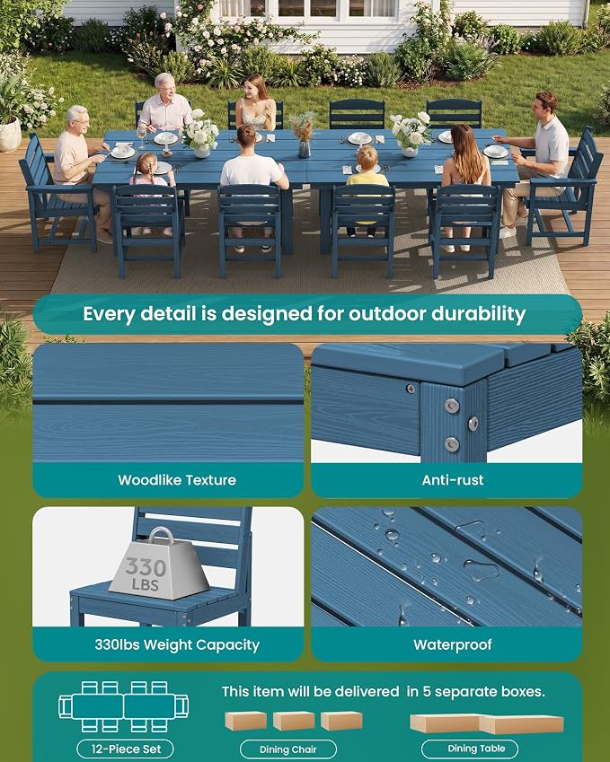 SERWALL HDPE Outdoor Dining Set for 10 with 2 Tables & 10 Chairs, Blue | 12-Piece HDPE Outdoor Dining Set for 10, All-Weather Resistant Dining Furniture