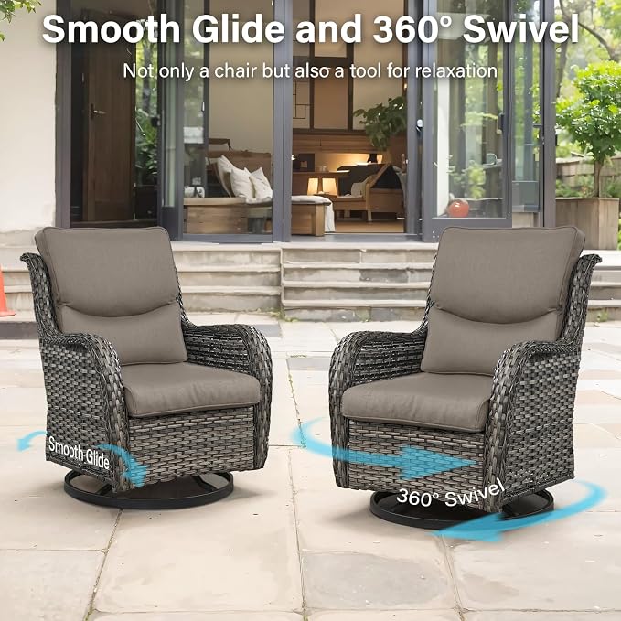 Outdoor Swivel Rocker Patio Chairs with 2 Ottomans - 5" Thick Cushion 4 Piece Furniture Set All Weather Comfortable Wicker Conversation Set for Porch Poolside and Deck - Gray/Gray