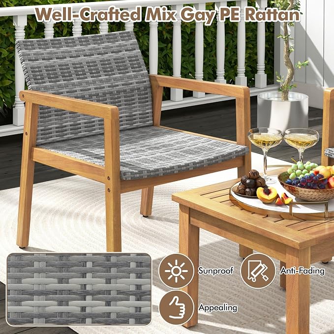 Tangkula 3 Pieces Outdoor Furniture Set, Acacia Wood Frame Sofa Set w/Rattan Seat & Back, Patio Conversation Set w/Coffee Table for Balcony, Poolside, Backyard (Mix Gray)
