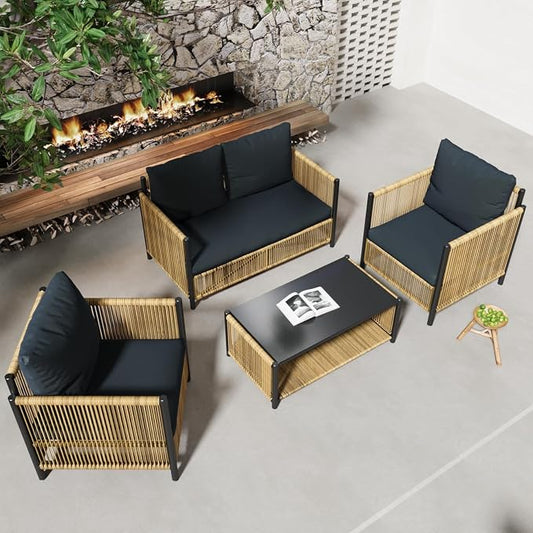 4 Pieces Aluminum Outdoor Patio Furniture Set - 2 Pcs Armchair, Loveseat & Dual-Layer Coffee Table - Rope Sectional Conversation Sofa Sets with Washable Thick Cushion for Garden, Backyard, Porch