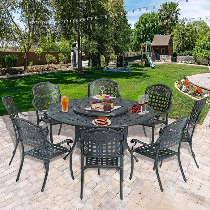 9-Piece Patio Cast Aluminum Dining Set, Outdoor Rust-Free Dining Furniture Set for 8 Person, Includes 8 Chairs and 61" Large Round Dining Table with 31" Lazy Susan, Umbrella Hole