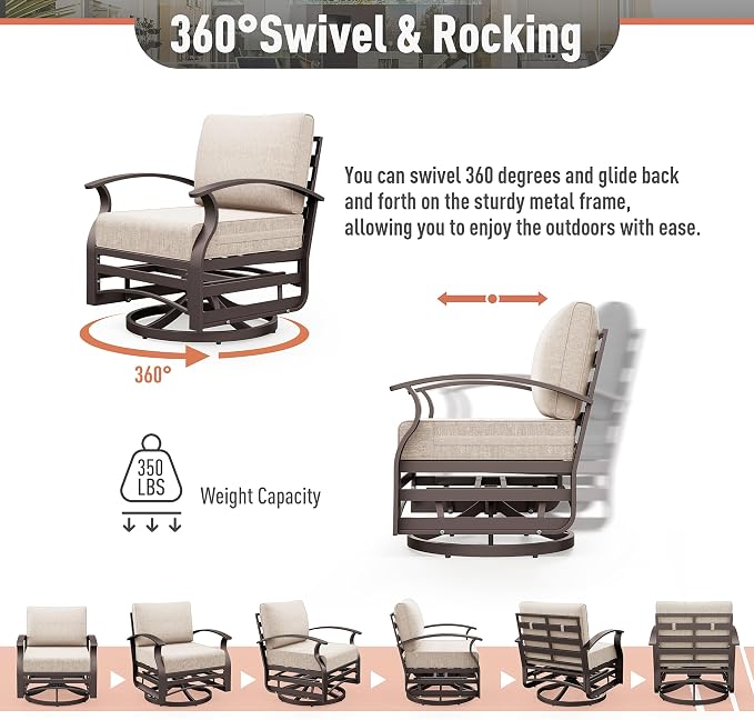 Kurapika Aluminum Patio Furniture Set 10-Seat Modern Metal Outdoor Conversation Sets w/Swivel Rocking Chairs Patio Sectional Sofa w/5.1 Inch Cushion, Sand