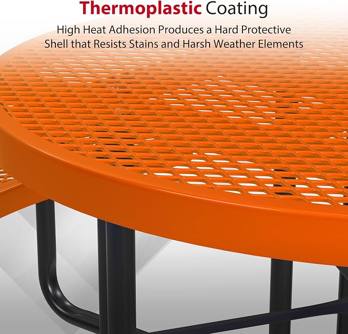 Leisure Craft Metal Picnic Table with Bench - 46" Round Outdoor Dining Table for 8 with Umbrella Hole, Weatherproof Heavy Duty Thermoplastic Coating, Commercial Grade Furniture Made in USA - Orange