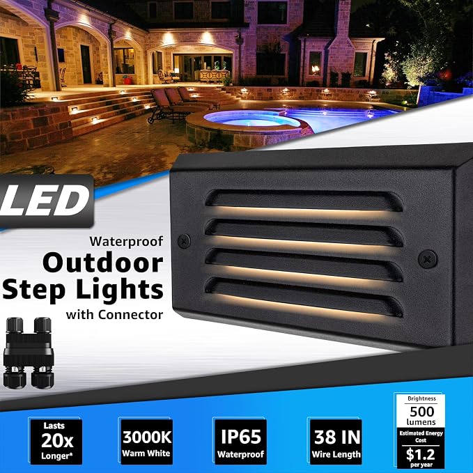 SUNVIE 8-Pack Low Voltage Step Lights 5W 6in Outdoor Black Cast-Aluminum | 12-24V AC/DC, IP65 Waterproof, 90+ CRI, 500lm, Fastlock2 Connectors Included, Outdoor Landscape Lighting, for Fence Post Step