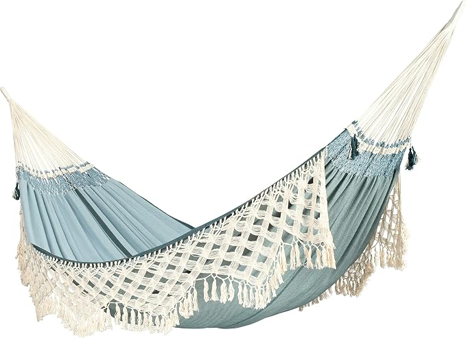LA SIESTA® Bossanova Organic Cotton Hammock & Steel Stand - Indoor Outdoor Hammock with Stand - Handmade in Brazil, Boho Hammock - 2 Person Double Hammock Bed for Patio Bedroom - XL King, Fjord