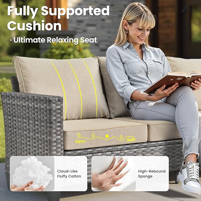 ovios 10 Pieces Patio Furniture Set with Swivel Chairs Rocking Gliders, 54" Fire Pit Table, Outdoor Sofa Couch with Solar Lights Table, Modern Deep Seat Wicker Rattan Conversation Set, Beige