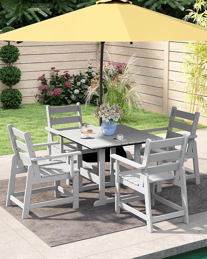 GREENVINES 5-Piece-Outdoor-Dining-Set | HDPE | Square | Patio Furniture | All Weather | Removable Armrests | Slatted Table and Chairs Sets for 4 | for Backyard Poolside Garden | White