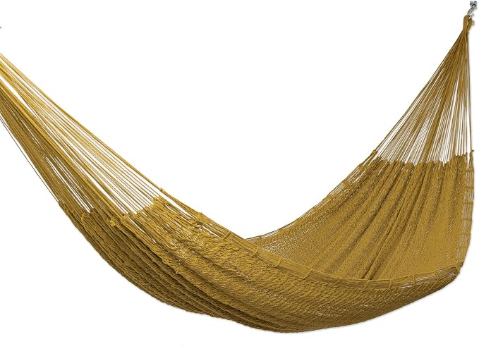 NOVICA Handcrafted Ocher Cotton Rope Hammock, 79" x 91" - Supports 550 lbs, Fits 3 People - Made with Cotton and Nylon Ropes,(Triple) Uxmal Ocher