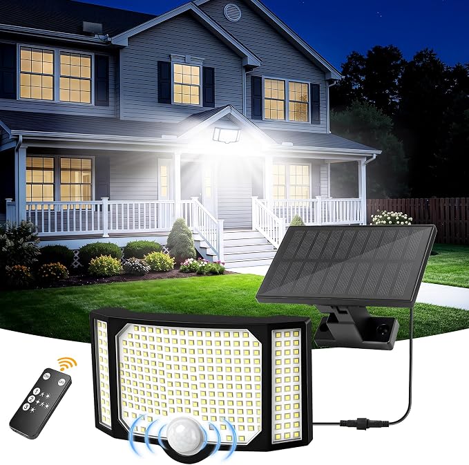 Solar Flood Lights Outdoor with Motion Sensor 3 Modes, 1 Pack | 182 Leds Solar Motion Lights, 3 Head 270° Wide Angle, IP65 Waterproof Security Lights with 16.4FT Cable for Patio Yard Garage