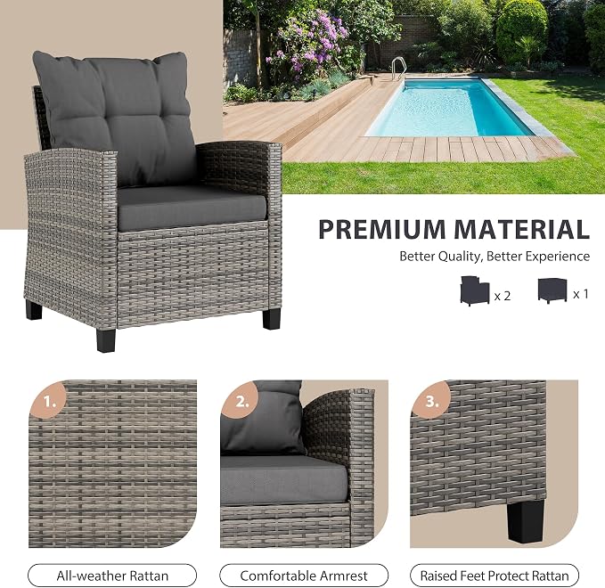Vongrasig 3 Piece Patio Furniture Set Small Outdoor Wicker Rattan Front Porch Bistro Set Cushioned Patio Chairs Conversation Set with Glass Table for Lawn, Garden, Backyard, Balcony, Poolside (Gray)