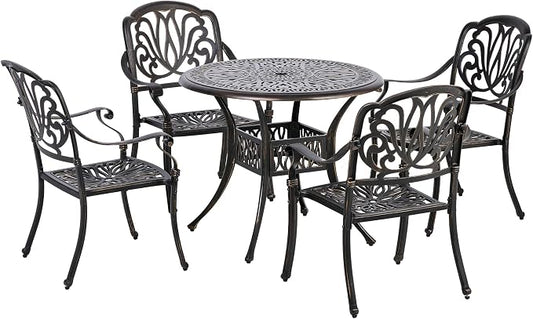 Outsunny 5 Pieces Outdoor Furniture Dining Set for 4, All-Weather Cast Aluminum Stackable Design Chairs and Round Patio Table with Umbrella Hole, for Backyard, Deck, Garden, Bronze
