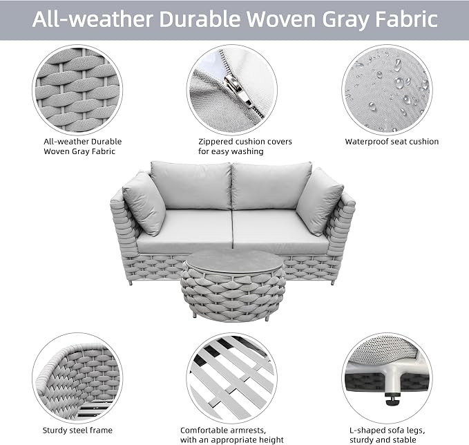 TWT 3 Piece Outdoor Patio Furniture Set, Rope Weave Conversation Sofa with Water Repellent Cushions, Patio Couch with Coffee Table for Backyard Garden Porch Poolside,Light Grey