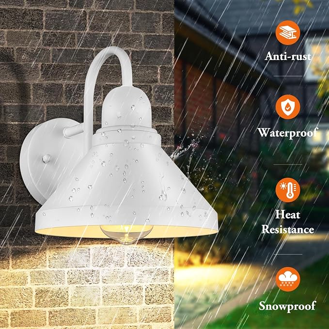 Gooseneck Outdoor Wall Lanterns, Pack of 2 Exterior Light Fixtures, Anti-Rust Outside Barn Wall Mount Sconces, Waterproof White Patio Wall Lamps for House, Front Door, Bulb Excluded