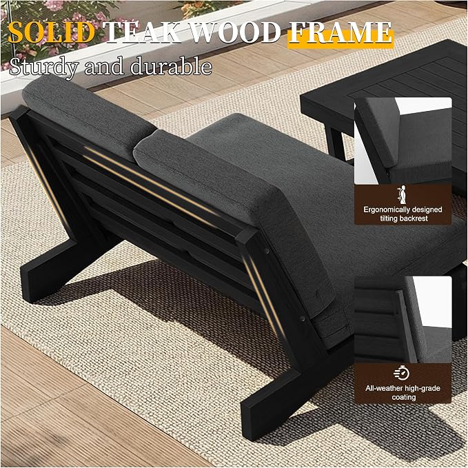 All Weather Patio Furniture Sets, 3 Pieces Black Wood Patio Loveseat Sofa Outdoor Sectional Futniture Backyard Conversation Set with Solid Wooden Coffee Table - Dark Gray