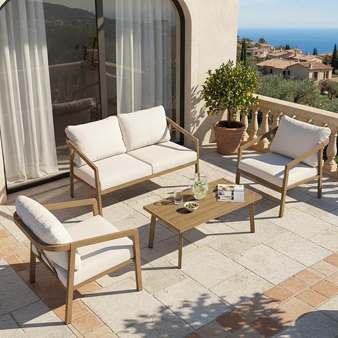 4-Piece Patio Sofa Set, Never-Rust Aluminum Patio Furniture with Thick Removable Cushions, Outdoor Conversation Set with 2 Armchairs, Loveseat & Table for Garden Deck Pool Poolside (Brown)