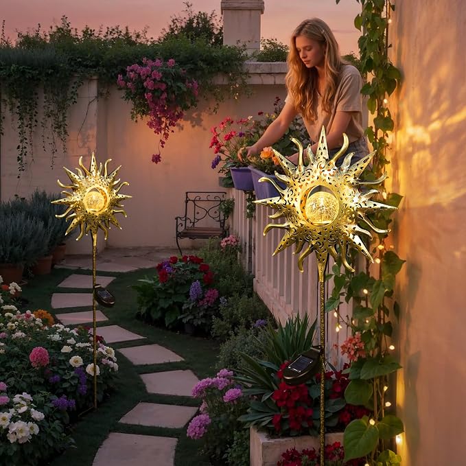 Sun Solar Lights Outdoor Waterproof Metal Garden Stakes for Patio Yard Walkway LawnPatio Mothers Gifts Mom Wife Grandma (Sun)
