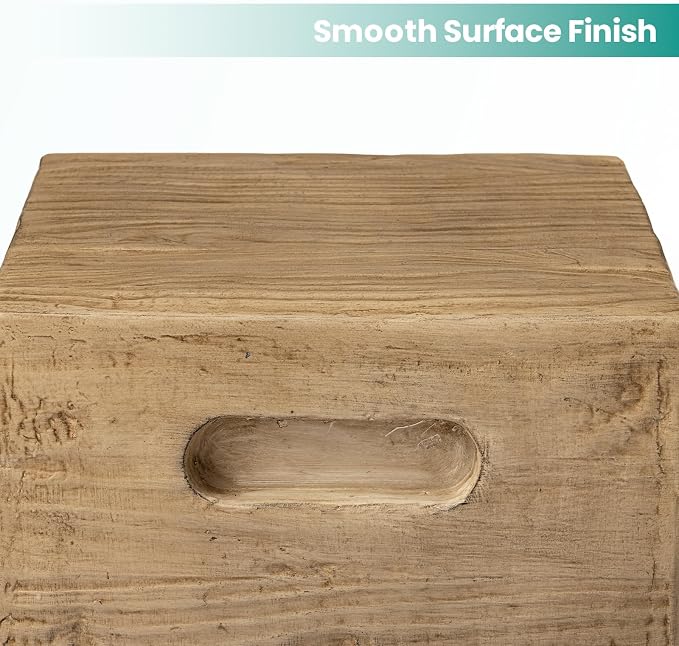 SUNBURY Outdoor Side Table, Faux Wooden Concrete Side Table, Square Lightweight End Table, Patio Accent Stump Stool Decorative for Planter Stand, Deck or Garden, Light Oak