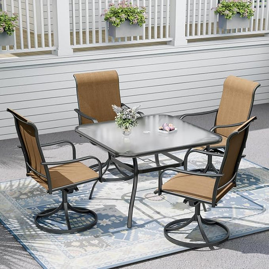 Outdoor Patio Set, 37" Square Glass Dinging Table and 4pcs Swivel Chairs, All-Weather Patio Furniture Set with 1.7" Umbrella Hole for Garden Backyard Lawn Poolside