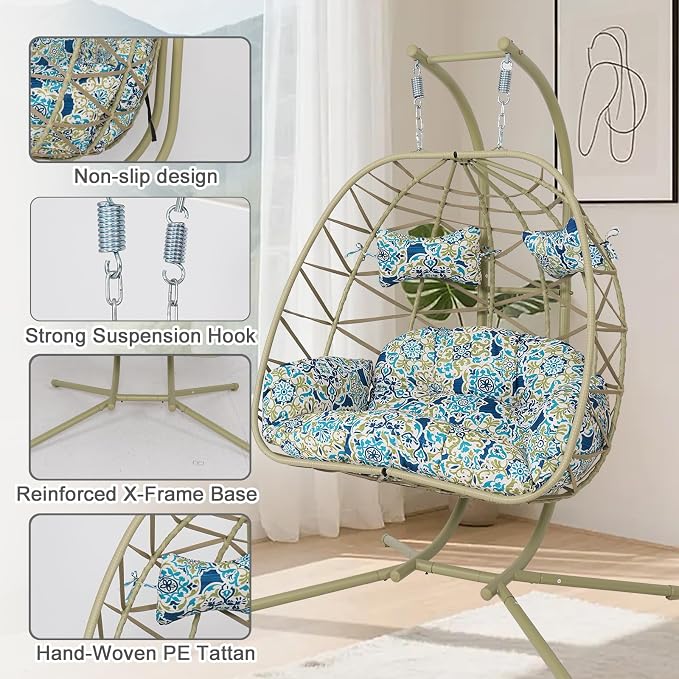 2 Person Double Hanging Egg Chair, Oversized Wicker Rattan Loveseat Swing Chair, Heavy Duty 600lbs Capacity, Foldable Basket Hammock Chair with Thick Cushion for Indoor Outdoor Patio Bedroom