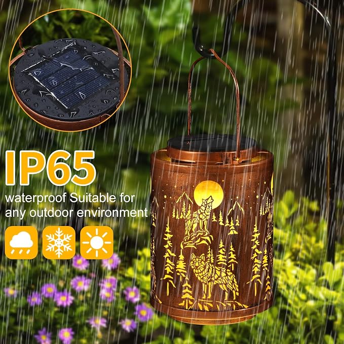 Wolf Solar Lanterns Hanging Waterproof Garden Decor Gifts for Women | Metal Solar Lights Outdoor Decoration for Outside LED Lanterns for Yard Patio Lawn Pathway Birthday Gifts for Mon Grandma