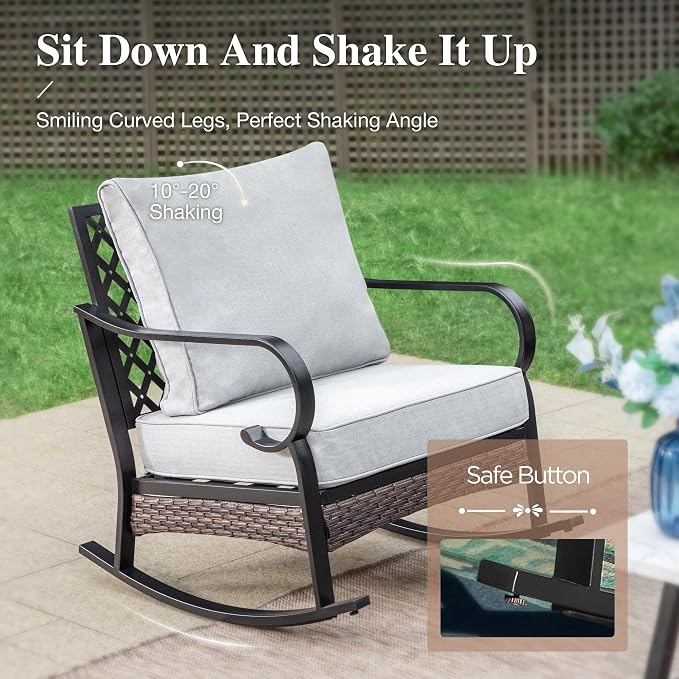 HERA'S HOUSE 5 Piece Metal Patio Furniture Set, 7 Seats All Weather Outdoor Conversation Set, 3 Seat Sofa with Loveseat, 2 Rocking Chairs, Coffee Table for Backyard, Garden, Deck, Light Grey