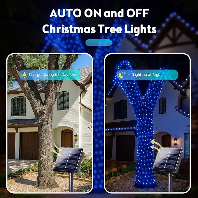 Solar Fairy Lights, 4 Pack Total 400LED 144FT Waterproof String Lights | Blue, Copper Wire, 8 Lighting Modes Solar Twinkle Lights for Tree Garden Patio Party Outdoor Christmas Decorations