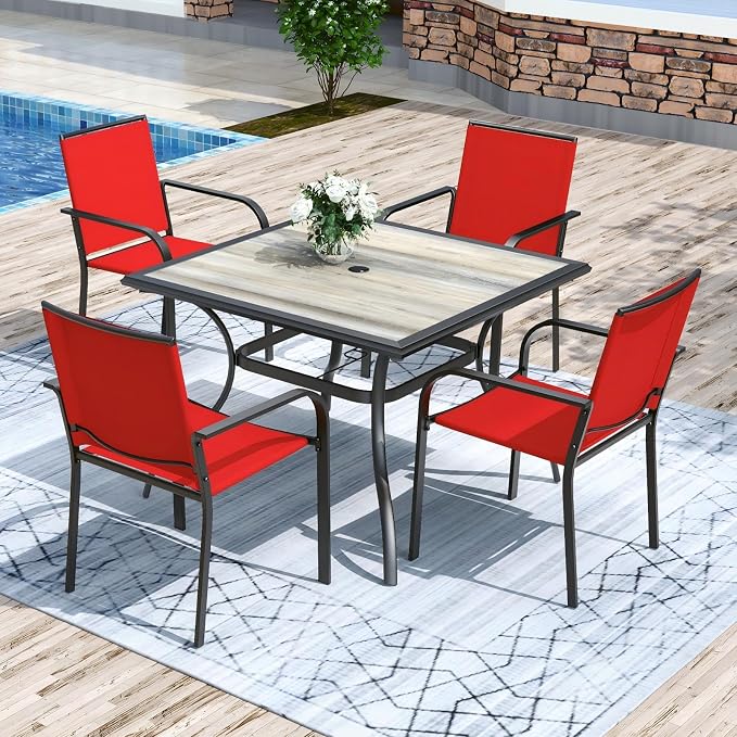 Anmutig 5-Piece Outdoor Patio Dining Set 37 Inch Square Wooden-Like PVC Table with 4 Stackable Chairs for Garden Backyard Red
