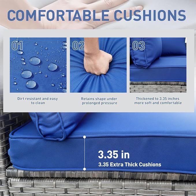 7-Piece Patio Furniture Set, Outdoor Wicker Conversation Sofa Set with Coffee Table & Extra Thick 8.5" Cushions, All-Weather Sectional for Backyard, Porch, Poolside (Navy Blue, 7PCS)