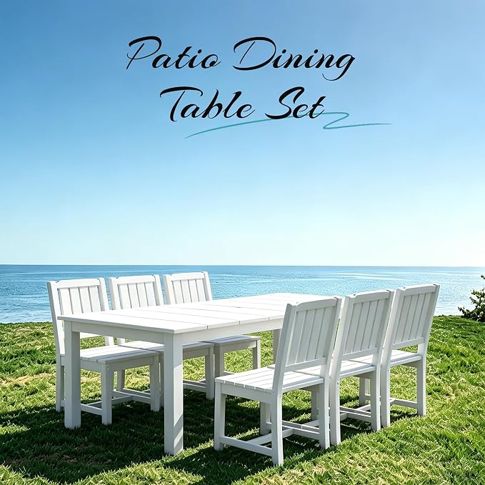 PLUUV 7-Piece Outdoor Dining Set – HDPE Patio Furniture with Umbrella Hole Table, Aluminum Legs, and 6 Armless Chairs, Weatherproof & Easy-Clean for Backyard, Garden, White