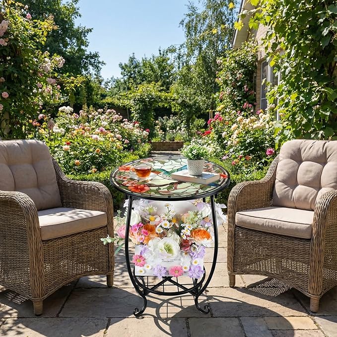 Cinnvoice Outdoor Side Table Round Small Mosaic Patio Accent Indoor End Plant Coffee Tea Table for Yard Patio Porch Garden Living Room, Bedroom(Hummingbird A Style,14 Inch)