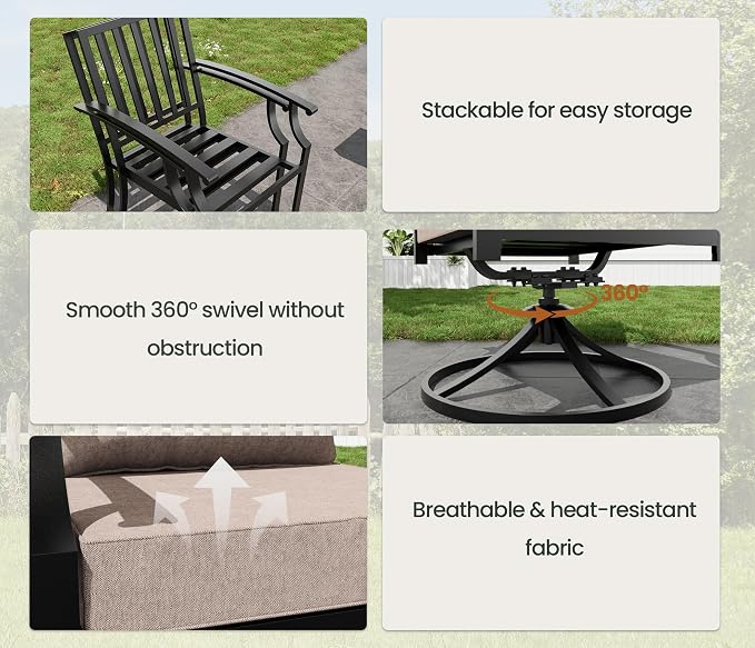 7 Pieces Outdoor Patio Dining Set,Patio Table and Chairs Metal Outdoor Patio Furniture Set with Umbrella Hole,Dining Table Set with 6 Swivel Chairs for Deck,Backyard and Garden,Brown
