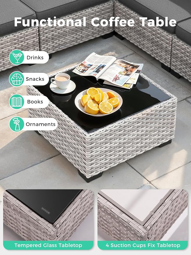 15 Piece Outdoor Wicker Sectional Sofa Set with Swivel Chairs, 12-Seats with 4" Thickened Cushions & Coffee Table, All-Weather PE Rattan for Garden, Backyard, Charcoal Gray