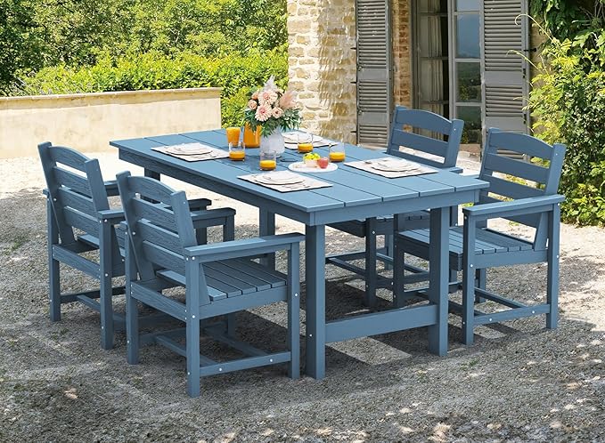 SERWALL 7 Pcs Outdoor Dining Set, 1 Umbrella Hole Table & 6 Chairs, Blue | HDPE Outdoor Dining Furniture with Rectangular Table & 6 Chairs, All-Weather Resistant SERWALL Dining Set for 6