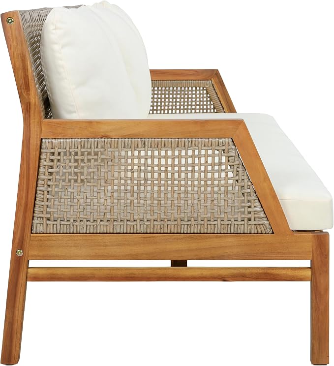 Christopher Knight Home Zura 4 Piece Patio Furniture Set with Removable Cushion, Outdoor Acacia Wood Conversation Set with Ottoman, Outdoor Sectional Sofa Set with Coffee Table, Teak+Cream