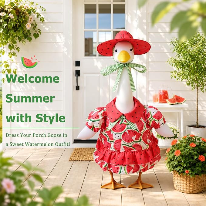 Watermelon Porch Goose Outfit, 23 inch Porch Goose Summer Outfit with Watermelon Dress and Hat, Cute Goose Clothes for Outdoor Garden Yard Patio Lawn Art Decor