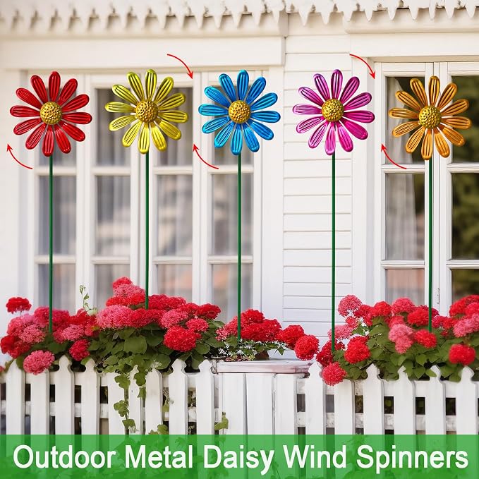 Metal Colorful Daisy Wind Spinners,5 Pack Flower Outdoor Yard Garden Stakes | Metal Wind Spinner Yard Stake,Garden Decorations for Patio and Lawn