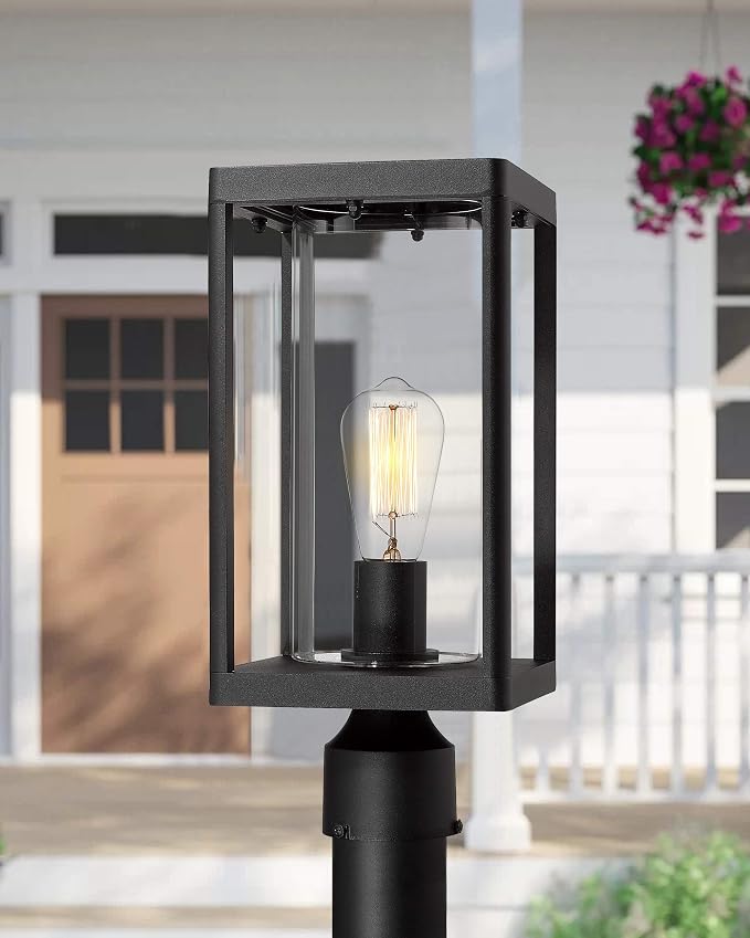 Beionxii Outdoor Post Lantern, 20inch Large Modern Lamp Post Light Fixture Exterior Pillar Lights with Pier Mount Base, Black Cast Aluminum w/Clear Cylinder Glass - A291P-2PK (NOT Solar, 110-120V AC)