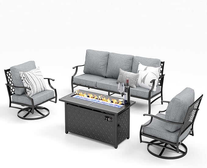 MIXPATIO Patio Furniture Set with Firepit Table, 4 Pcs Metal Outdoor Conversation Set, 2 Swivel Chairs and 3 Seater Sofa with 5.75" Extra Thick Cushion and Gas Fire Pit Table for Backyard Deck, Grey