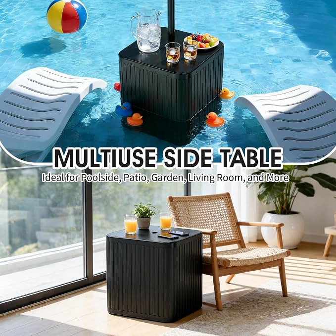 BoYata Umbrella Side Table, 2-in-1 Outdoor Side Table with Umbrella Hole, 15.9 Gallon Fillable Umbrella Stand Base, Heavy Duty & Sturdy, Fit Up to 1.5" Pole, Square Patio Side Table for Poolside, Deck