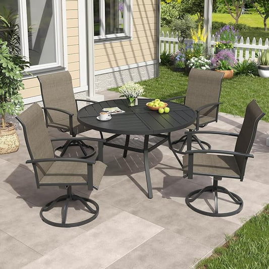 VICLLAX 5 Pieces Patio Outdoor Dining Set, 4 Swivel Textilene Chairs and 47.2" Round Metal Table with Umbrella Hole for Porch, Deck, Garden, Black/Brown