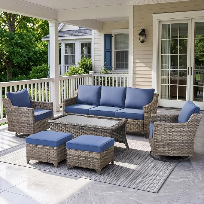 Belord Patio Wicker Swivel Rocker Patio Chairs with Coffee Table and 3-Seater Sofa, Outdoor Furniture Set for Deck Porch Garden, 6 Piece Luxury Patio Furniture Set, Blue