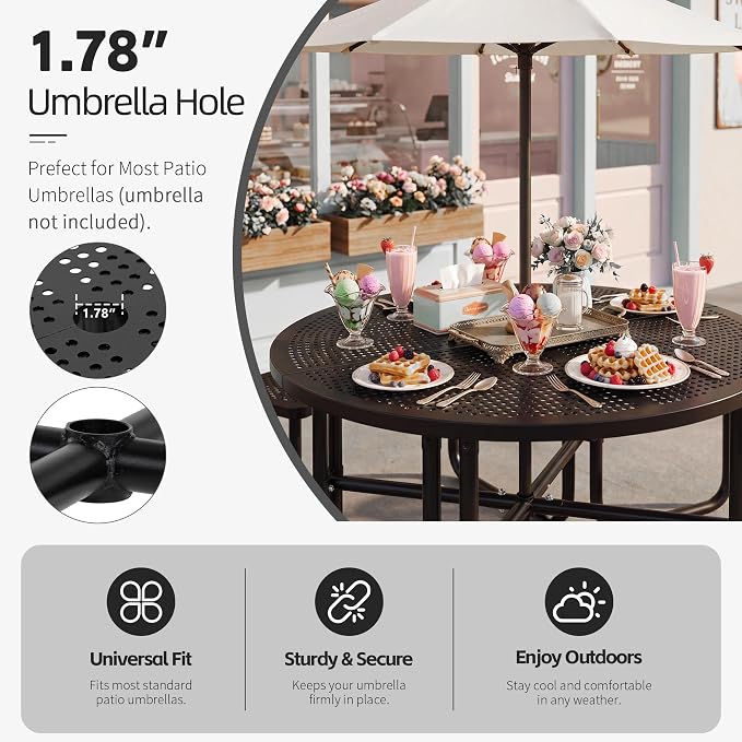 46" Outdoor Round Perforated Picnic Table Metal Camping Table with Umbrella Hole - Heavy Duty Steel Mesh Picnic Bench Set for Backyard Garden Deck, Black
