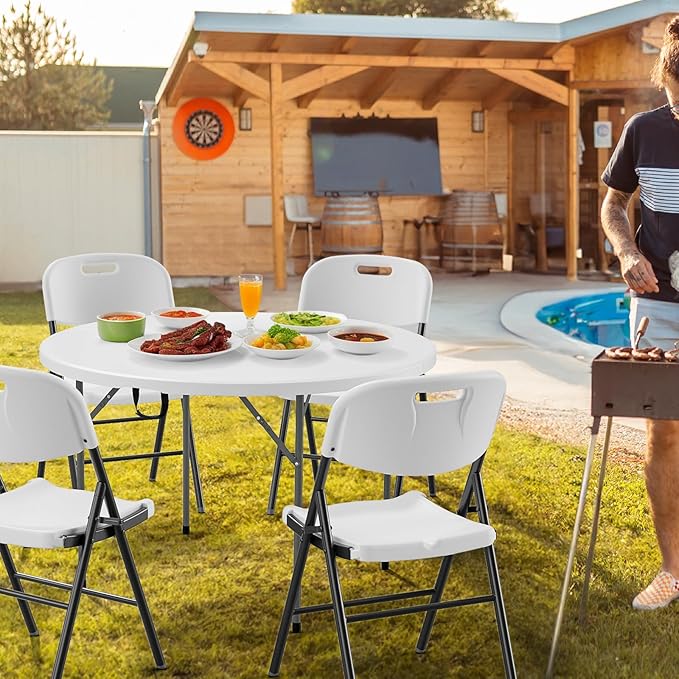 VINGLI White 48" Round Bi-Folding Commercial Table, 4 Feet Portable Plastic Dining Card Table for Kitchen or Outdoor Party Wedding Event, 5-Pack