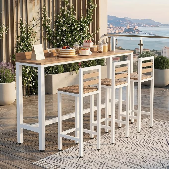 Outdoor Patio Bar Height Table with Baffle, Weather Resistant High Counter Table Porch Pub Tables Wood-Plastic Tabletop, for Poolside Garden Balcony Restaurant Cafe(White,55.1"x15.7"x40.5")
